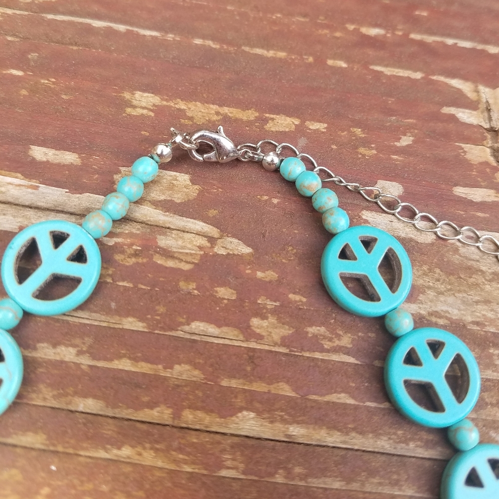 Peace Sign Necklace & Bracelet Set - Turquoise - Picture 4 of 7